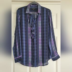 Banana Republic Navy Plaid 'Dillon' Ruffle Long Sleeve Blouse - Size M
